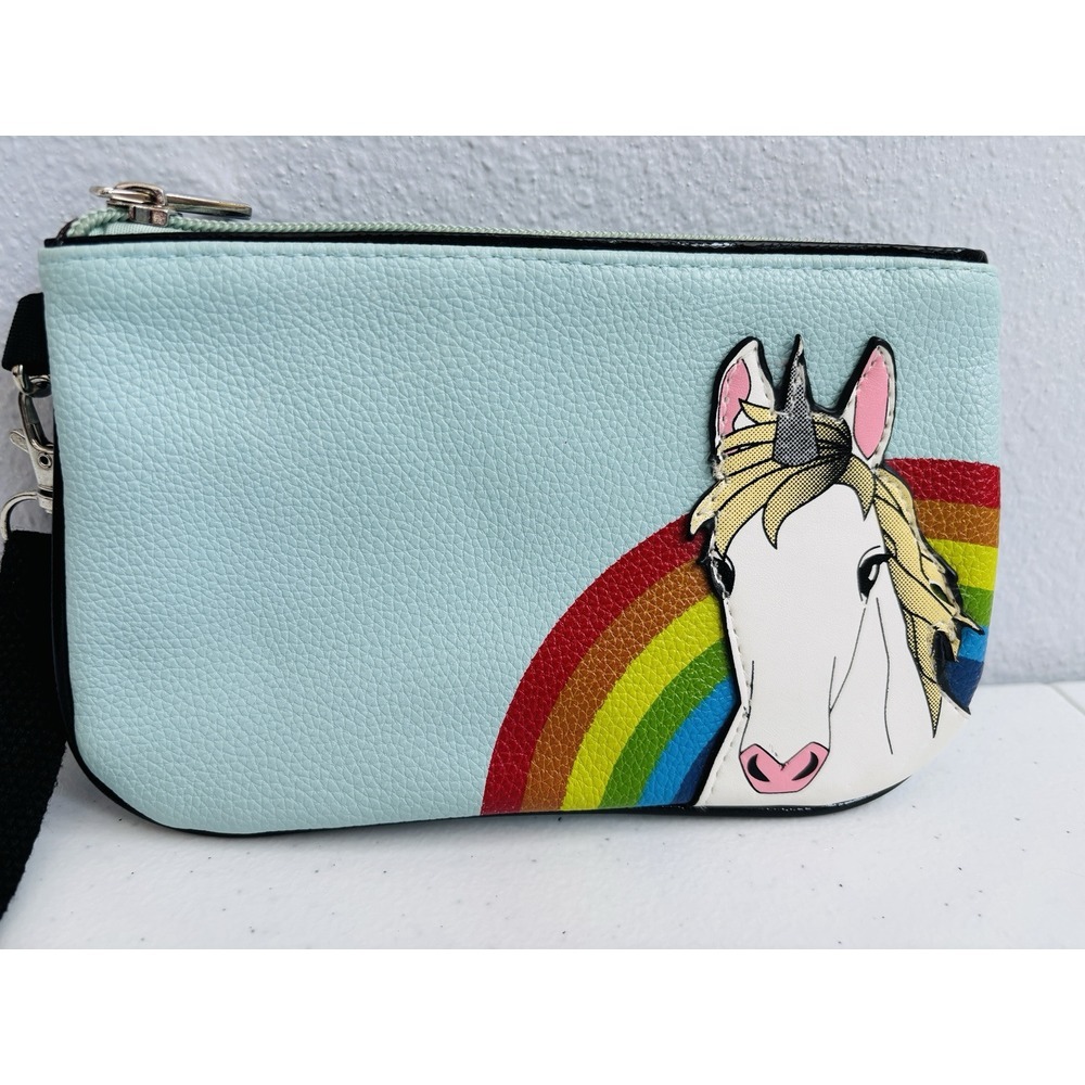 Sleepyville Critters Light Blue Rainbow Unicorn Zipper Handbag with Wrist Strap